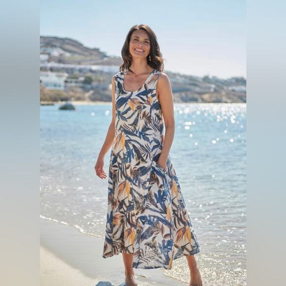 WoolOvers pocket pinafore Tropical Leaves Print Relaxed Long Linen Dress 14 new - Picture 1 of 15